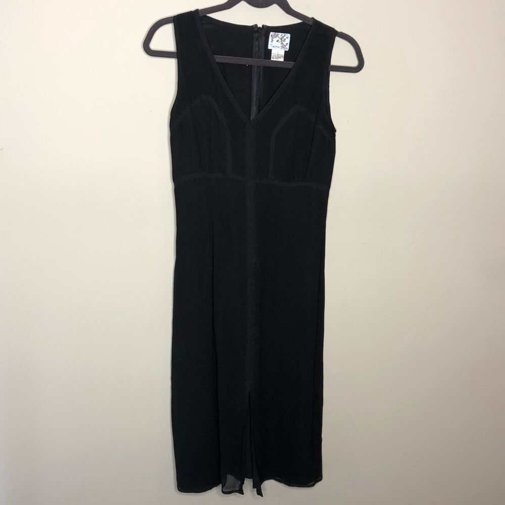 Tabitha Anthropologie Black 100%‎ Silk V-Neck Lace Trim Midi Dress Small